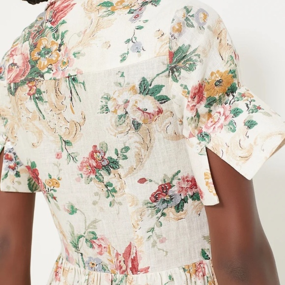 $1645 Erdem Ecru Multi Flared Cuff Fit & Flare Floral Linen Shirt Dress Size 12 - Picture 5 of 11
